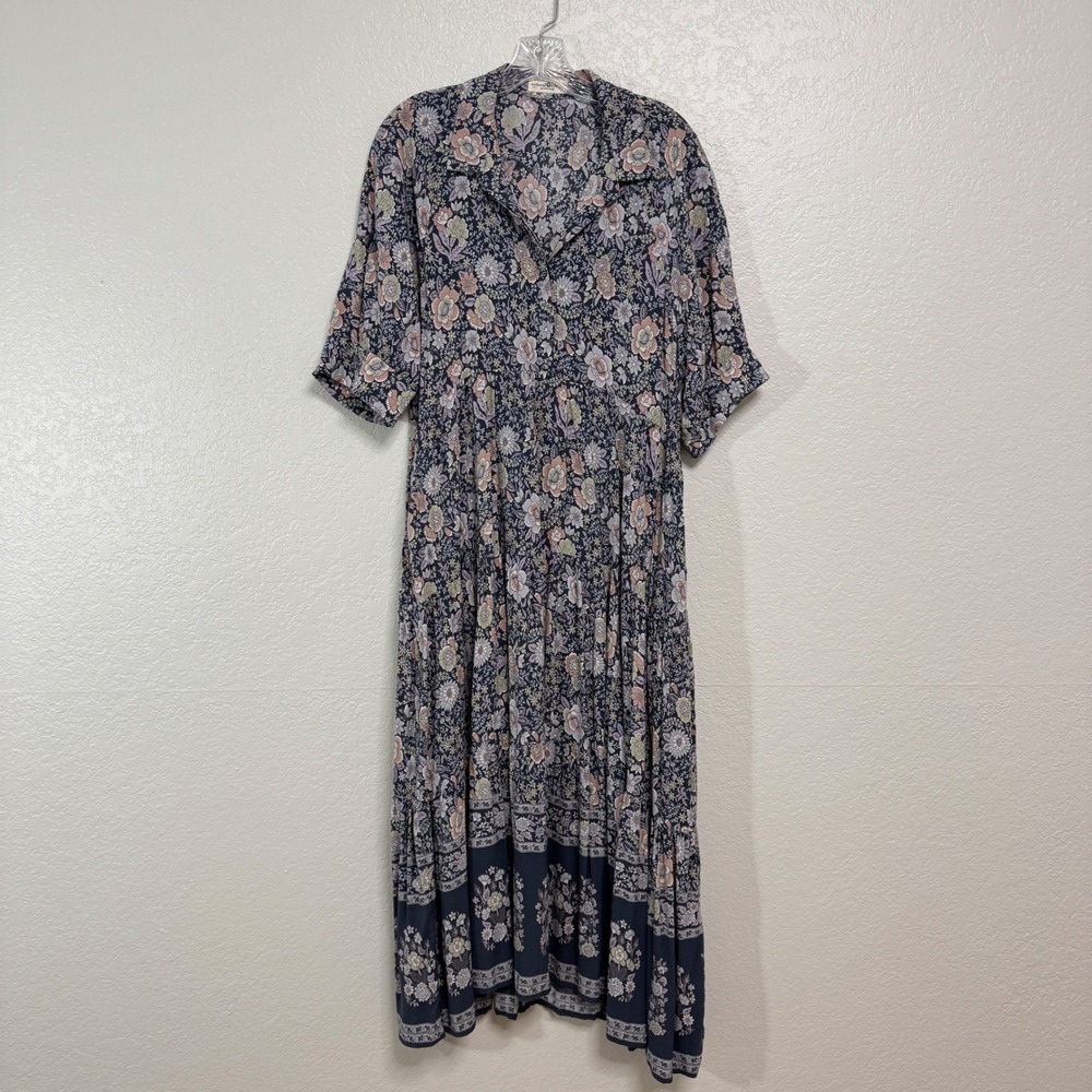Natural Life Maxi Dress Womens XL Navy Floral Rayon Short Sleeve Tiered Boho